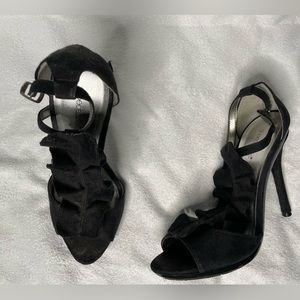 Black ruffle, suede heels